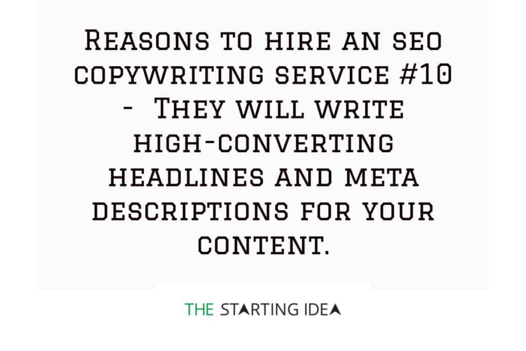 Un grafico con un testo che dice che assumere un servizio di copywriting SEO ti aiuterà a creare titoli e meta descrizioni ad alta conversione per i tuoi contenuti.