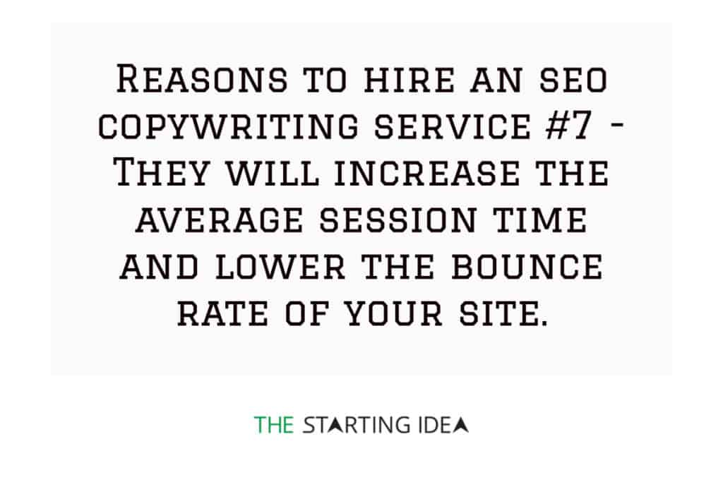 Un grafico con testo che dice che assumere un servizio di copywriting SEO può aiutarti ad aumentare il tempo medio di sessione sul tuo blog e ridurre la frequenza di rimbalzo.