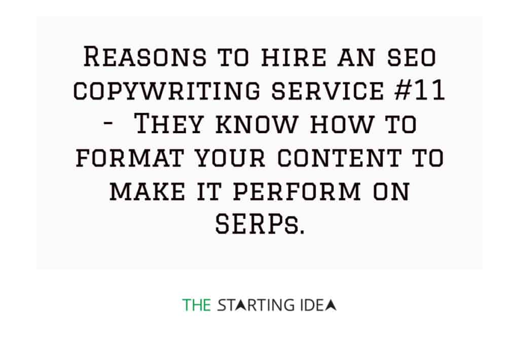 Un grafico con testo che afferma che assumere un servizio di copywriting SEO ti aiuterà a formattare i tuoi contenuti per posizionarli su Google.