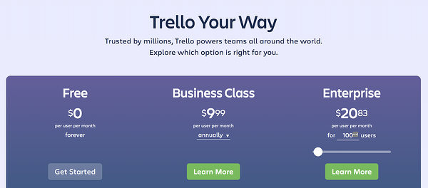 işletmelere trello fiyatlandırma freemium