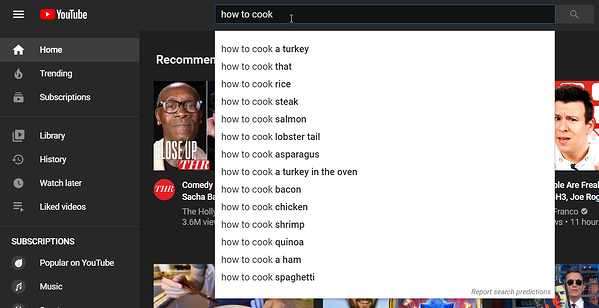 مثال على اقتراحات youtube