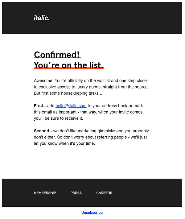e-mail da lista de espera em itálico
