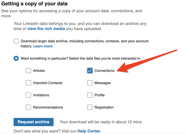 接続をクリックして、LinkedIn から連絡先をエクスポートします