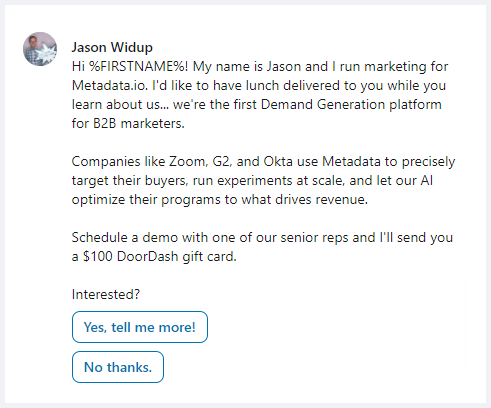 LinkedIn 대화 광고의 스크린샷 예