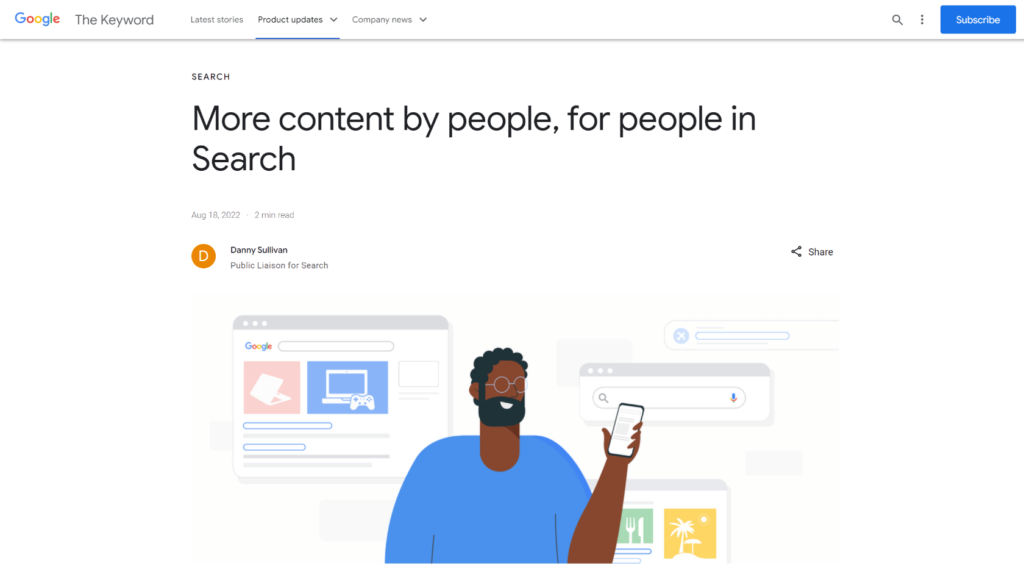 Google の Helpful Content Update アナウンス ブログ投稿のスクリーンショット。