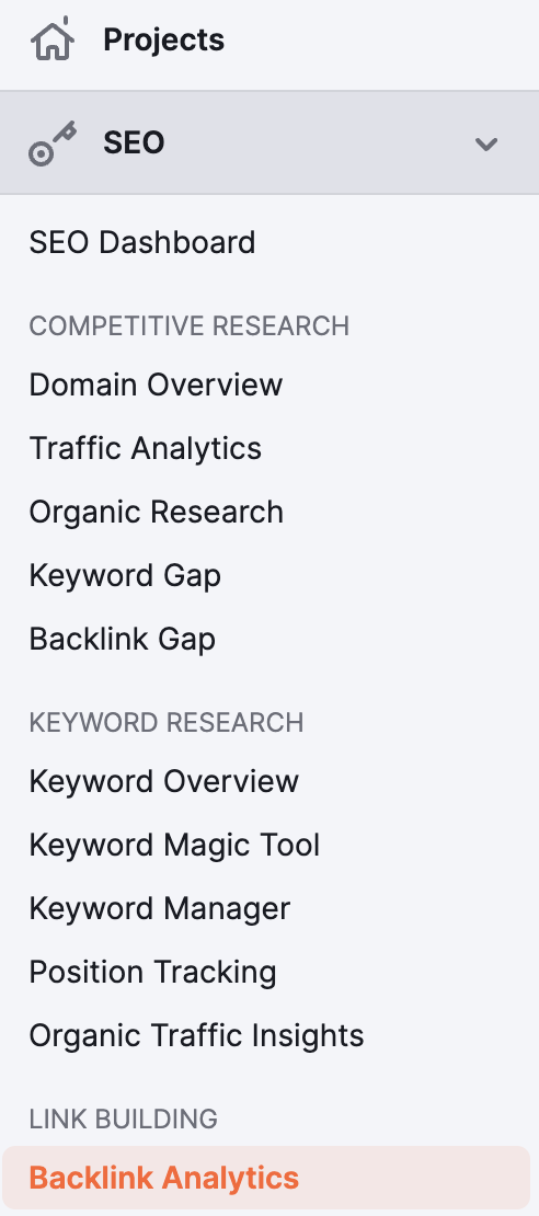 sélectionnez l'analyse des backlinks dans le menu semrush pour trouver la vitesse des liens