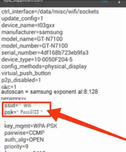 Abra el archivo wpa_suppicant.conf en ES File Explorer y verifique la contraseña para encontrar la contraseña wifi en el teléfono cuando esté conectado