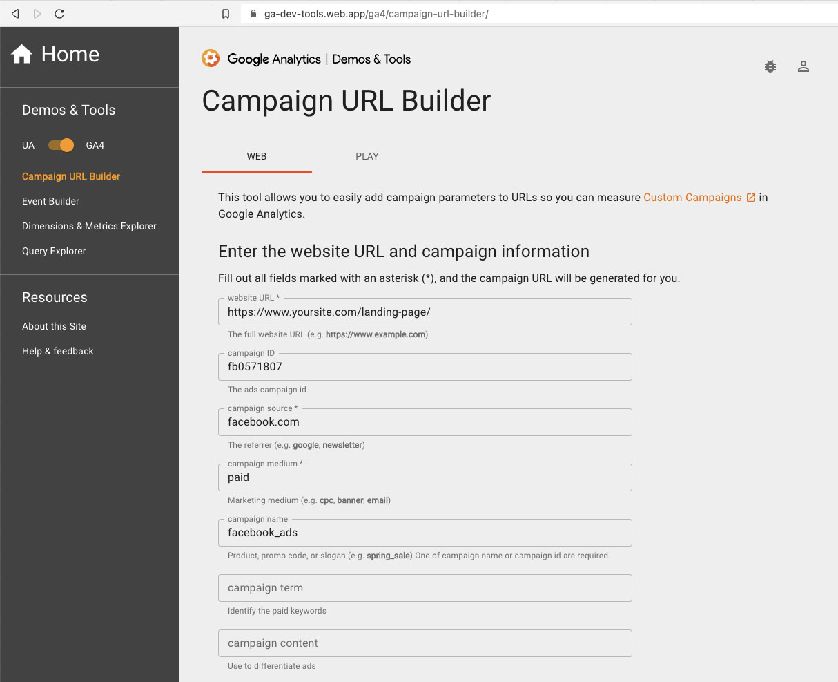 Kreator adresów URL kampanii Google Analytics