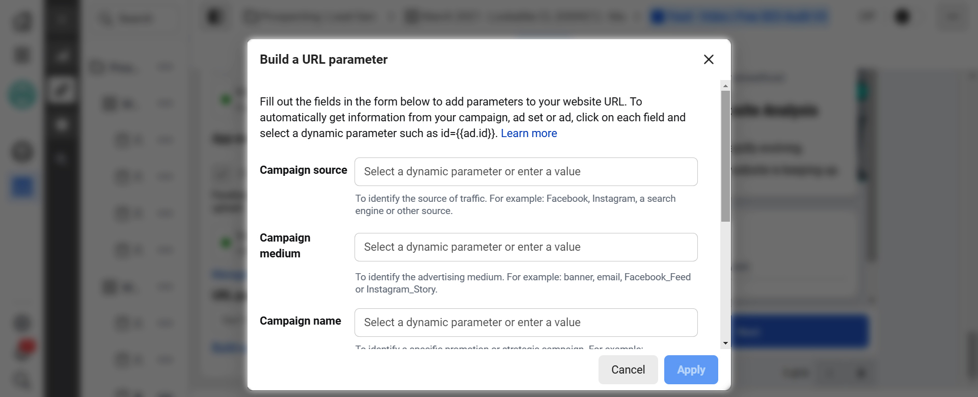 Pola formularza dynamicznych parametrów adresu URL w Meta
