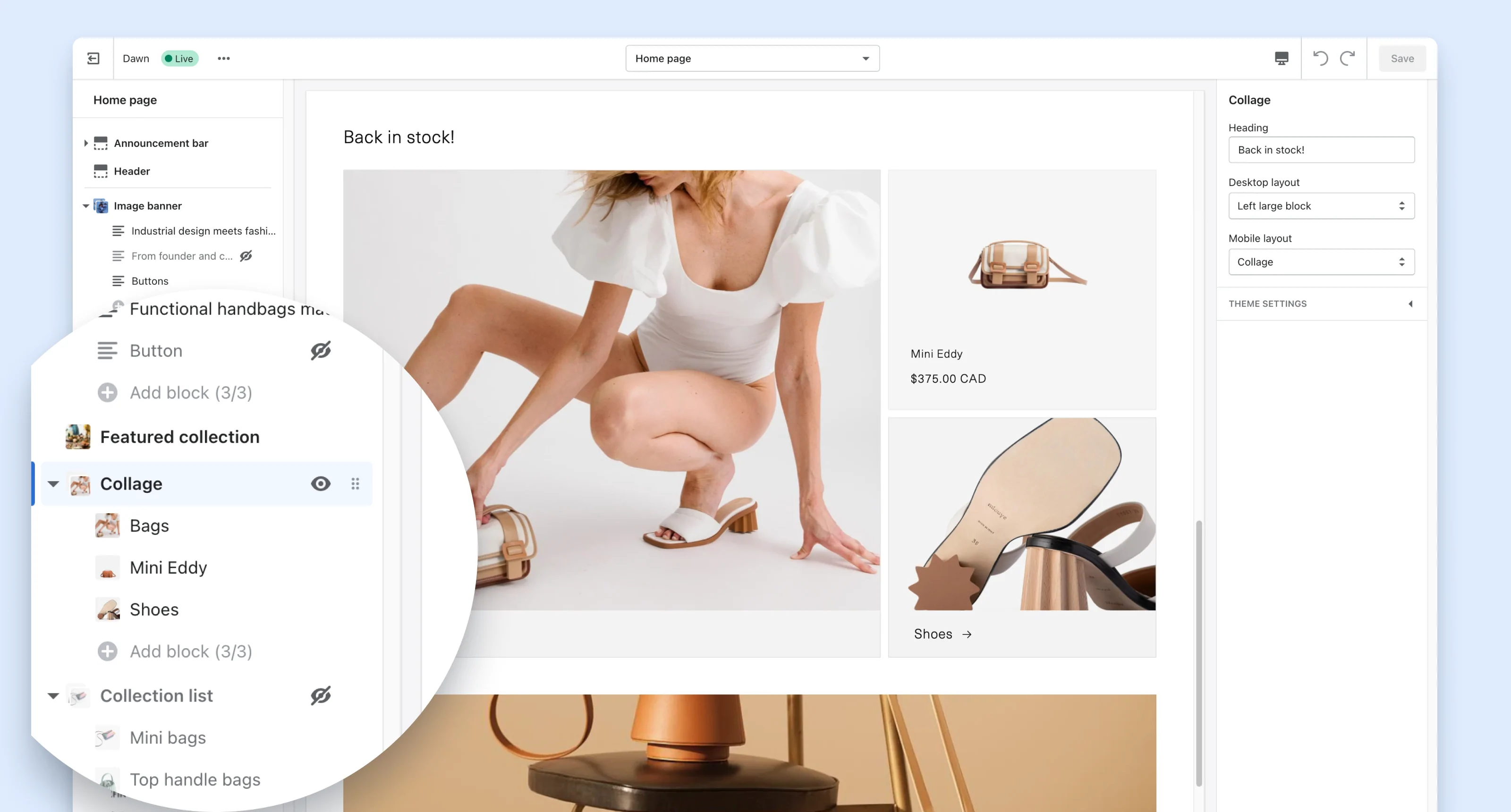 สกรีนช็อตของตัวแก้ไขการลากและวางใน Shopify 2.0