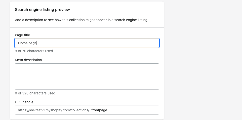 สกรีนช็อตของกล่องข้อมูลเมตาบนหน้า Shopify