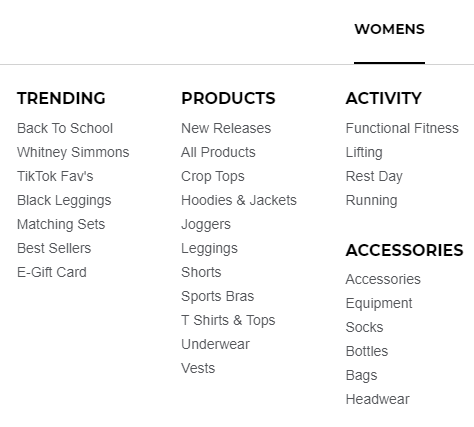 สกรีนช็อตของการนำทางบนเว็บไซต์ Gymshark