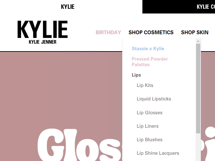สกรีนช็อตของการนำทางไซต์บน Kylie Cosmetics