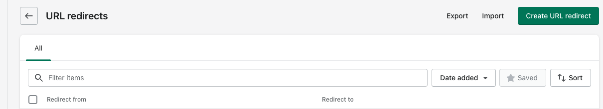 สกรีนช็อตของพื้นที่เปลี่ยนเส้นทาง URL ใน Shopify