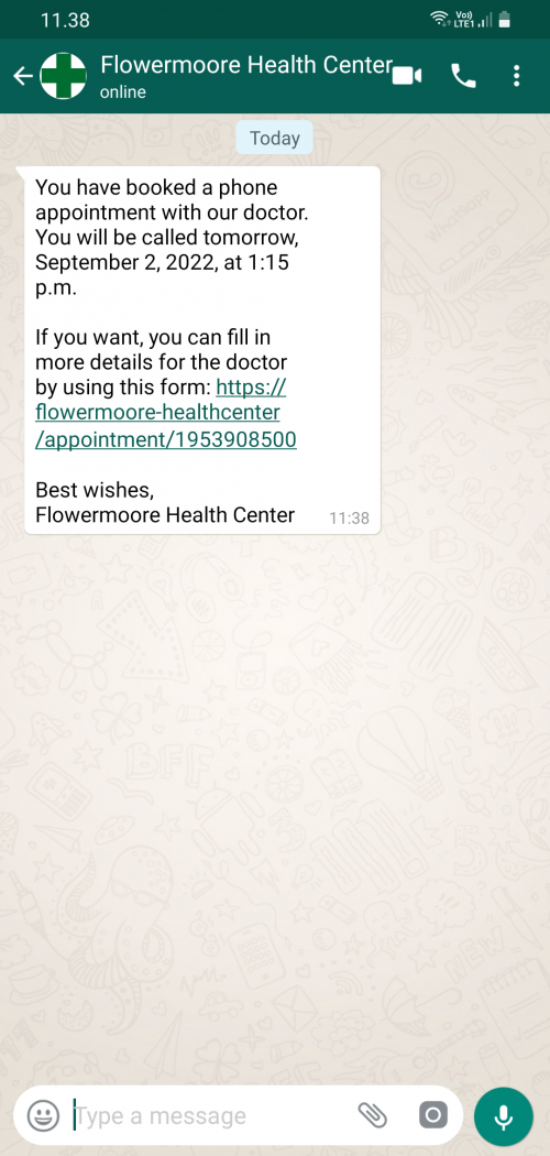 Conversație WhatsApp automatizată cu un mesaj de memento