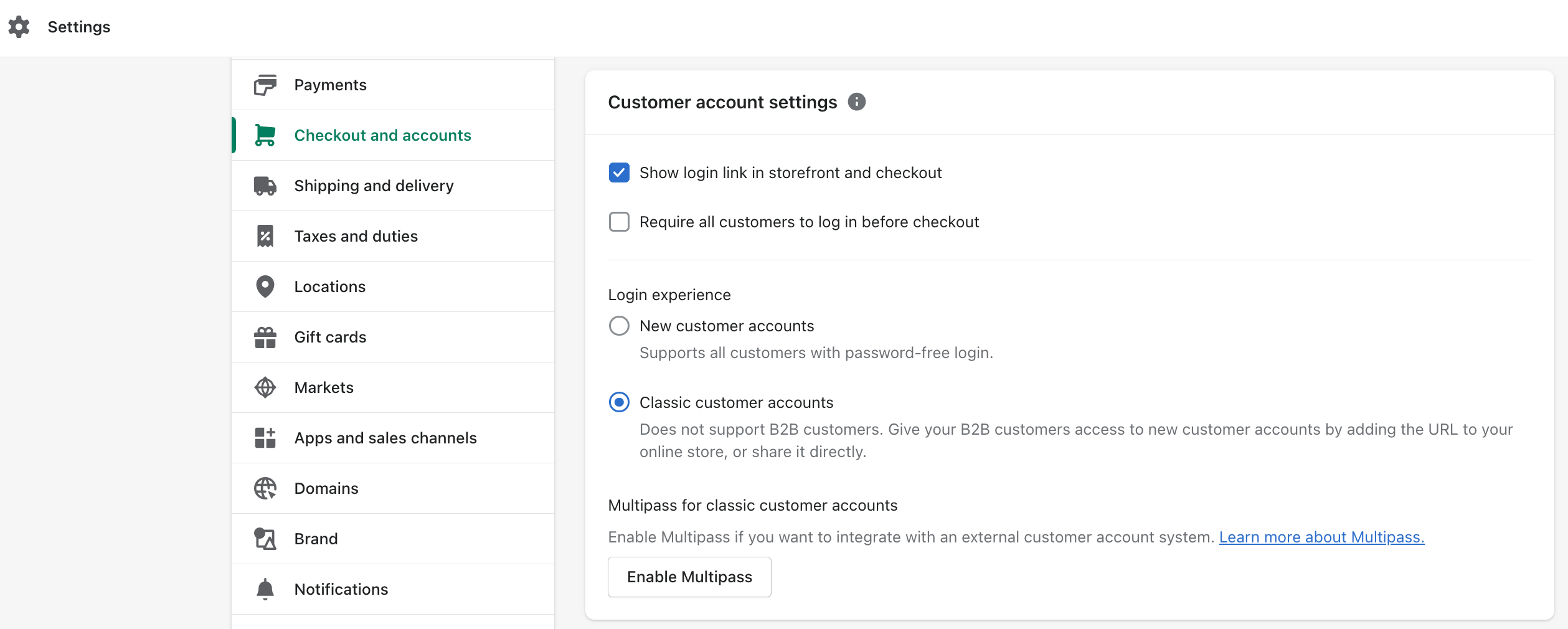 Paramètres de paiement Shopify : connexion client