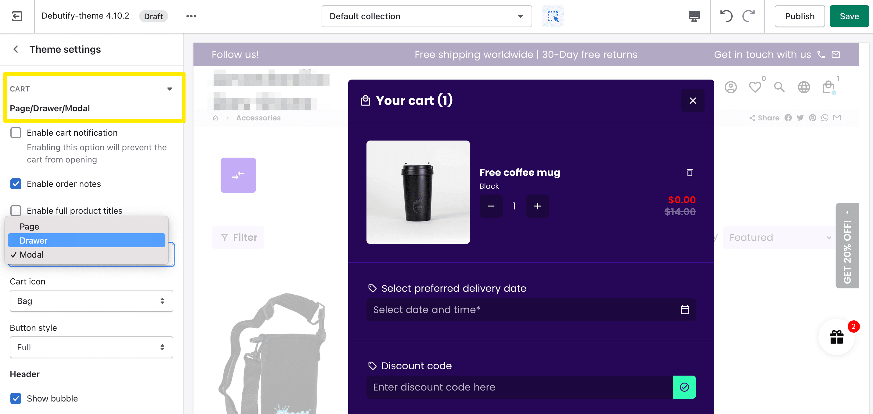 أنواع سلة التسوق في Debutify