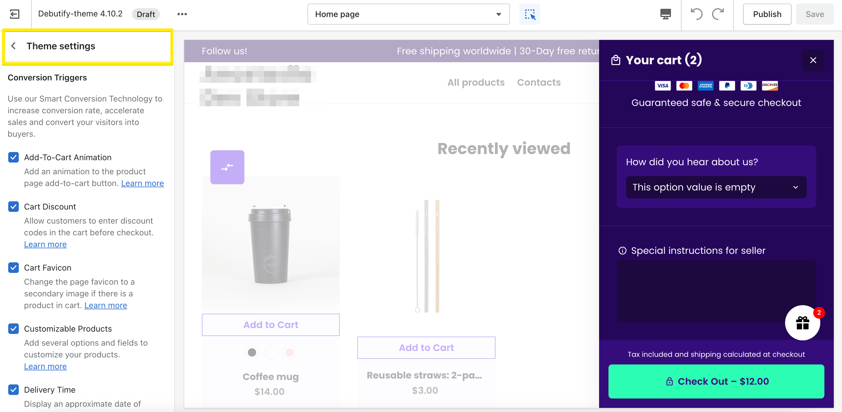 Debutify إعدادات الموضوع