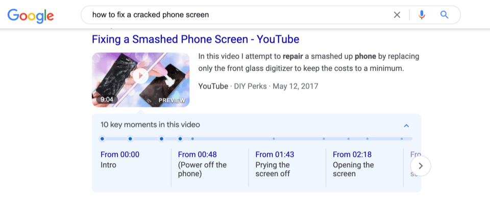 Kluczowe momenty w zindeksowanym filmie Google