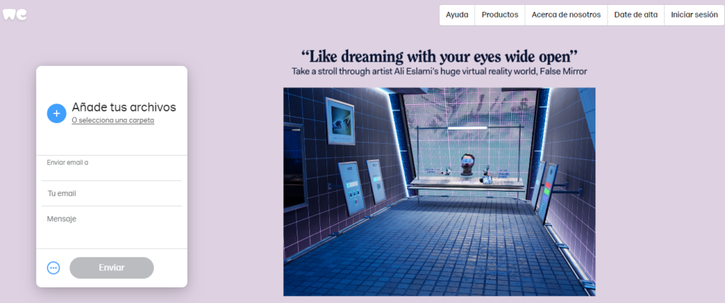 A página inicial do WeTransfer