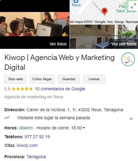 kiwop의 Google 마이 비즈니스 탭의 예