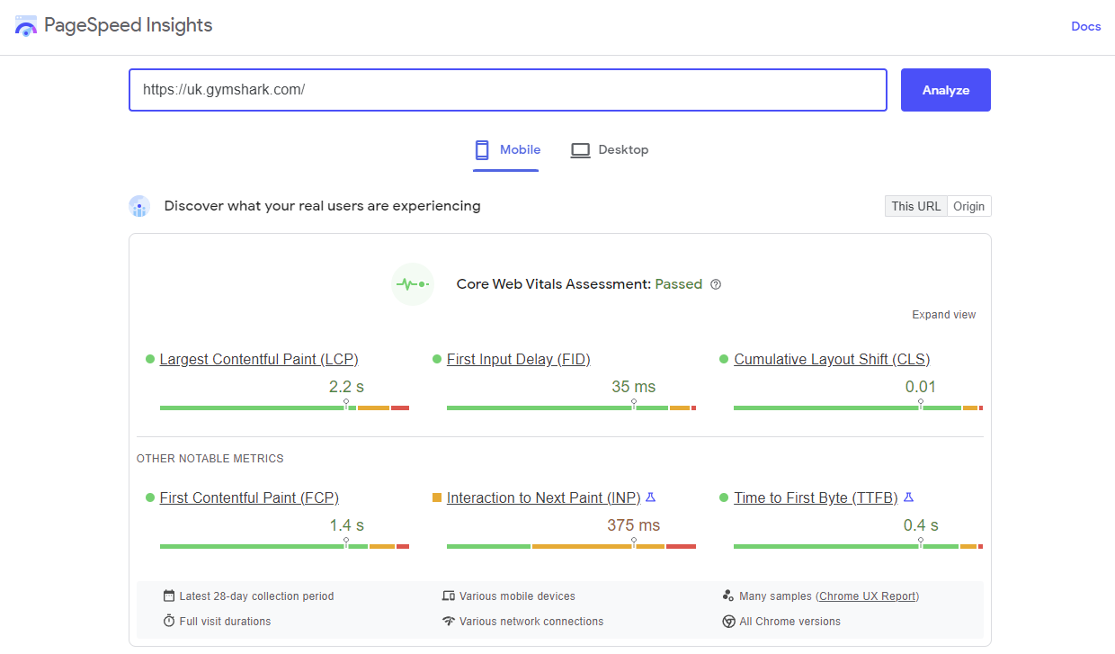 PageSpeed ​​Insights raporunun ekran görüntüsü