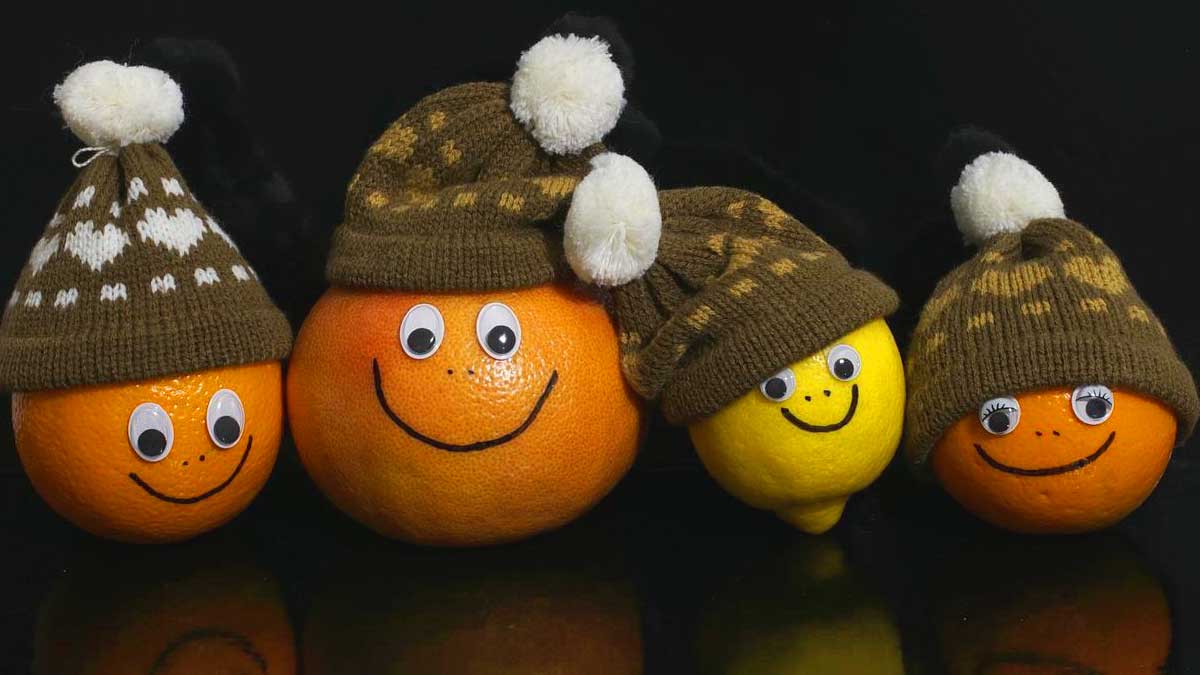 3 Orangen und eine Zitrone mit Smileys in braunen Strickmützen.