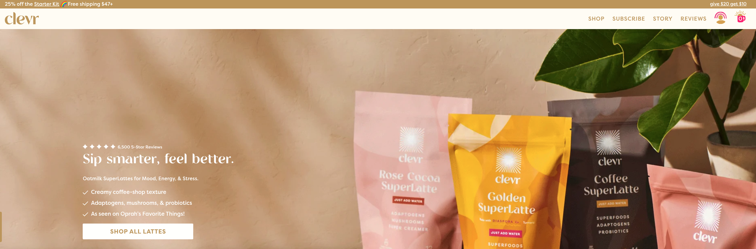 Il link alla pagina di recensione direttamente nella navigazione viene utilizzato, ad esempio, dal marchio Clevr per aumentare le conversioni e la fiducia nei propri prodotti di integratori.