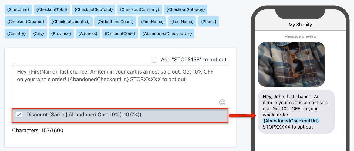 Promemoria SMS di pagamento abbandonato con sconto personale in Shopify