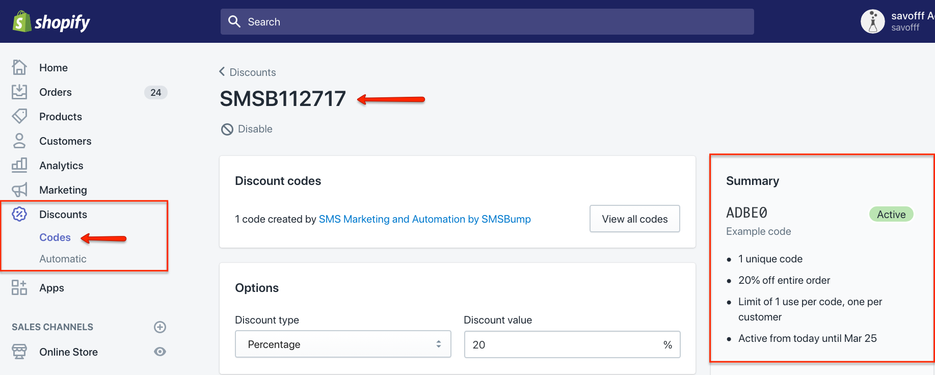 Sistema di codici sconto Shopify