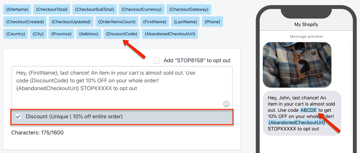 Carrello abbandonato SMS con sconto personale per Shopify