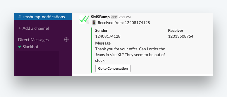 Integrazione Slack della chat SMS per Shopify