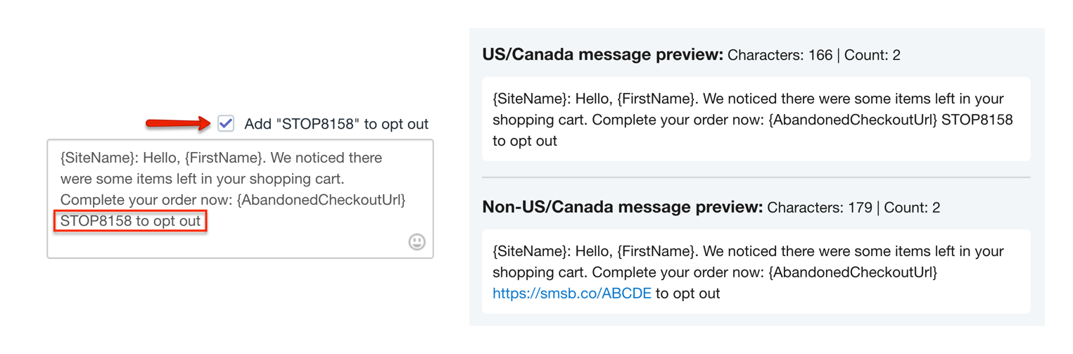 Shopify 中廢棄購物車 SMS 自動化的 SMSBump 取消訂閱選項和 STOP 關鍵字