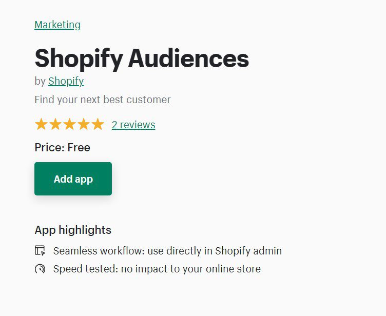 Страница магазина приложений Shopify Audiences