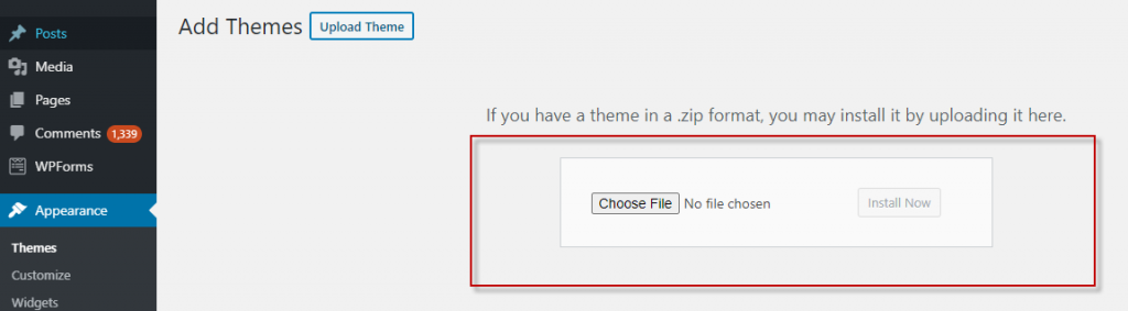 upload ZIP file of WordPress theme