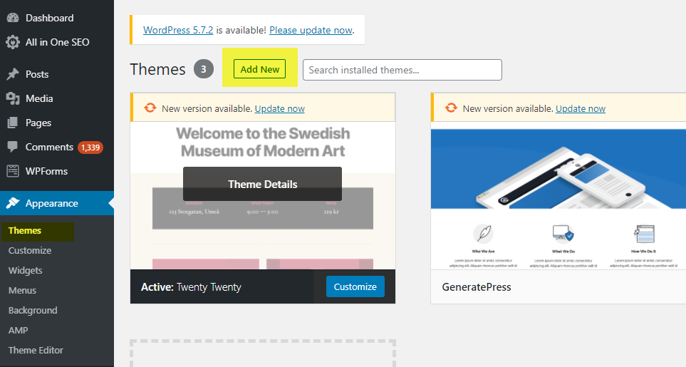 add new theme - WPadmin