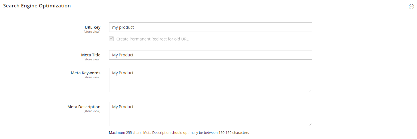 Screenshot della schermata SEO del prodotto Magento