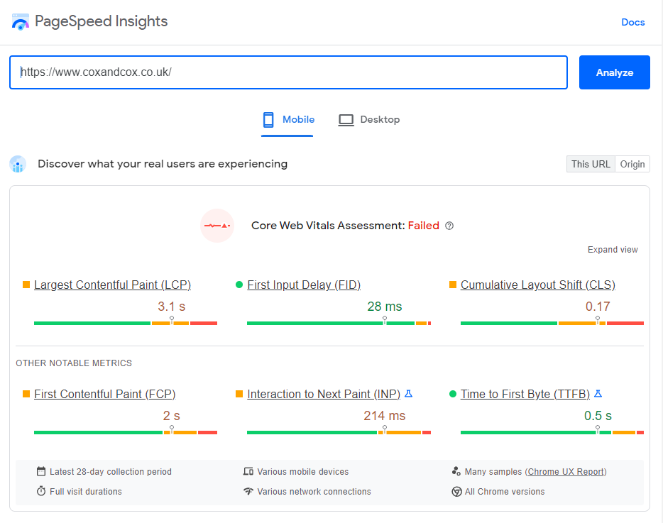 Screenshot dello strumento PageSpeed ​​Insights di Google