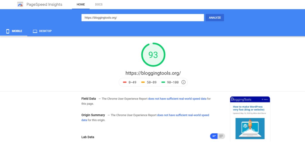 PageSpeed Insight Mobile 分數