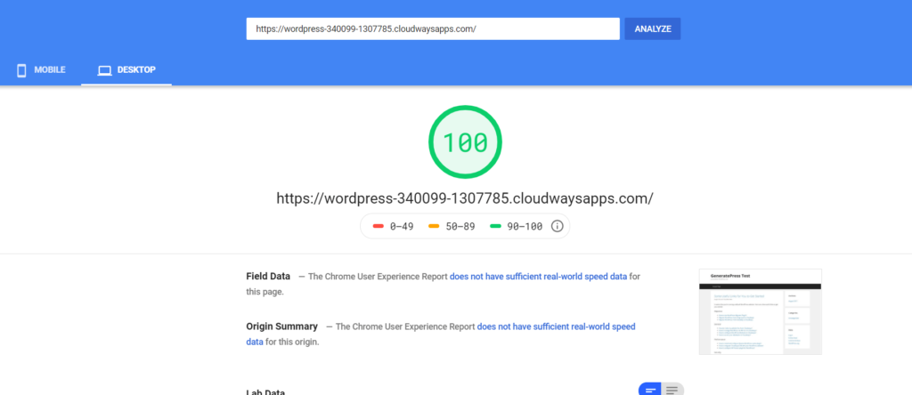 GeneratePress PageSpeed インサイト