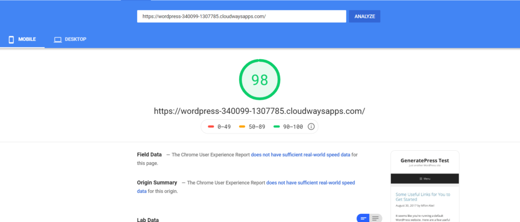 GeneratePress PageSpeed インサイト モバイル