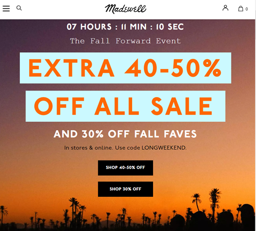 Gambar yang mempromosikan Acara Madewell Fall Forward dengan ekstra diskon 40-50% untuk semua item obral dan diskon 30% untuk favorit musim gugur