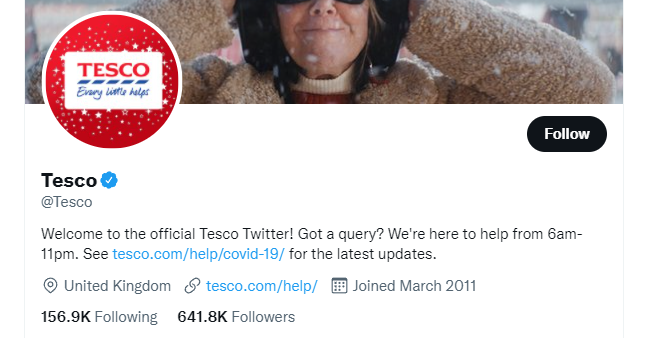 Captură de ecran a siglei contului Tesco Twitter - Cele mai bune campanii de Crăciun în rețelele sociale - Copify blog
