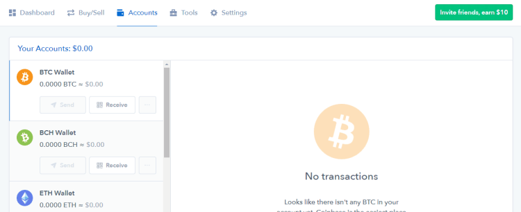Tableau de bord Coinbase