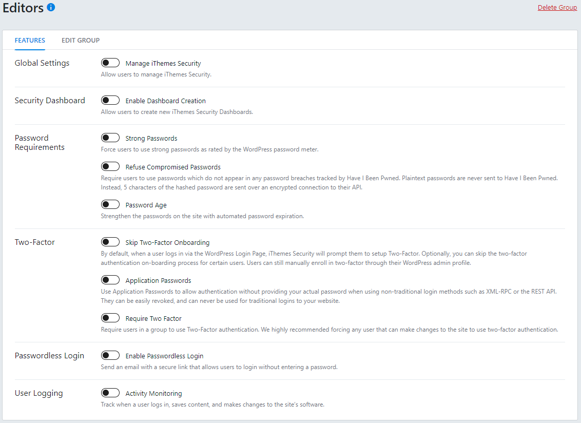 iThemes Security Pro : paramètres de groupe
