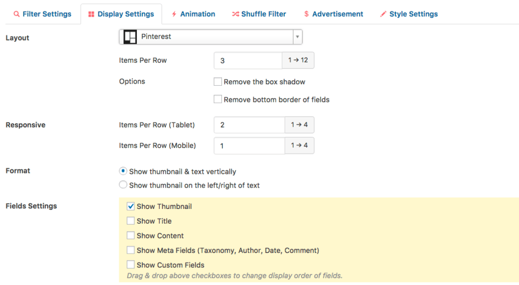 Configurazione delle opzioni di visualizzazione di Custom Views Pro