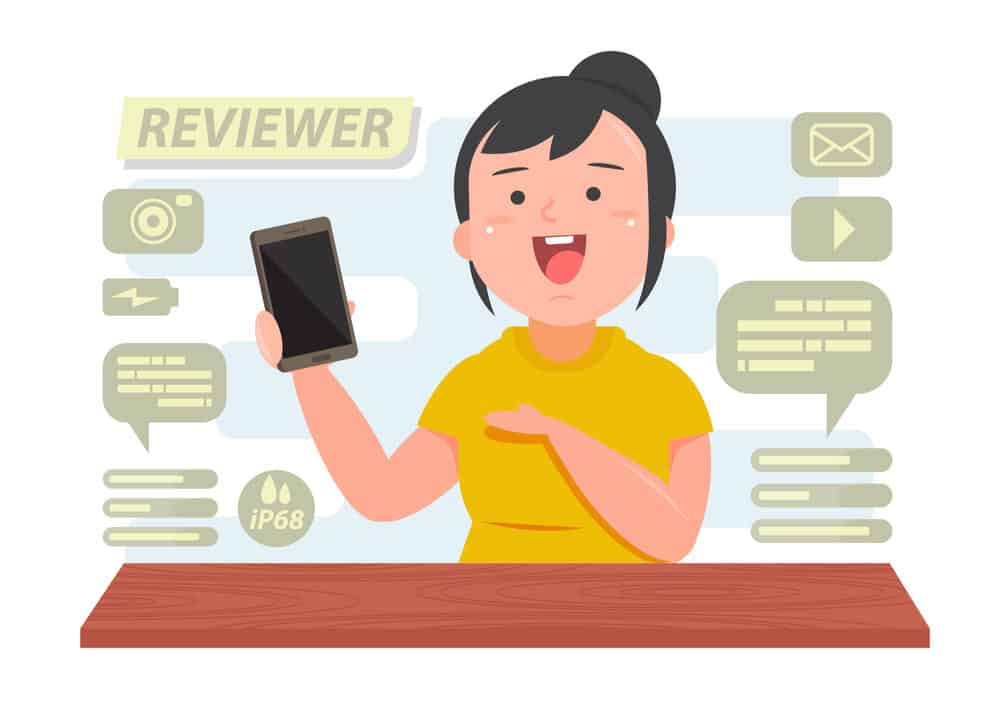 Caricature d'une femme faisant une revue de produit vidéo