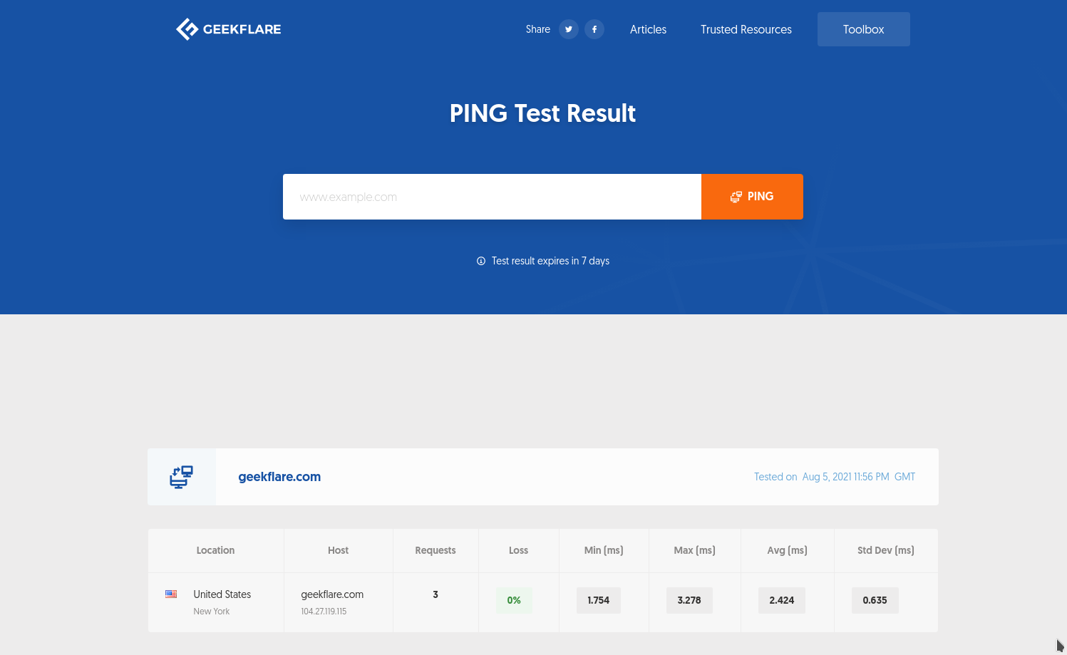 Página de resultados de la herramienta en línea PING de Geekflare