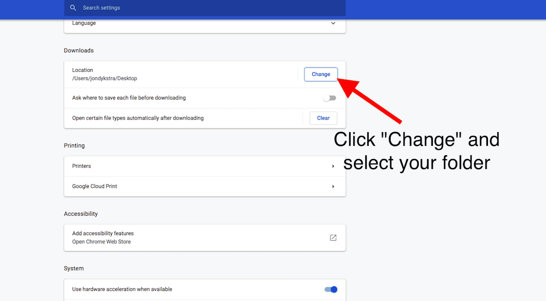 Chrome Ayarlarında belgeleri indirmek için dosya klasörü nasıl değiştirilir?