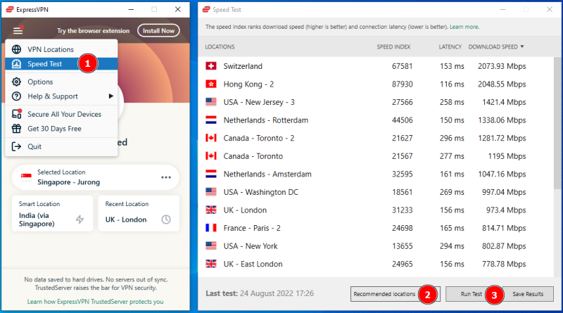 expressvpn yerleşik hız testi
